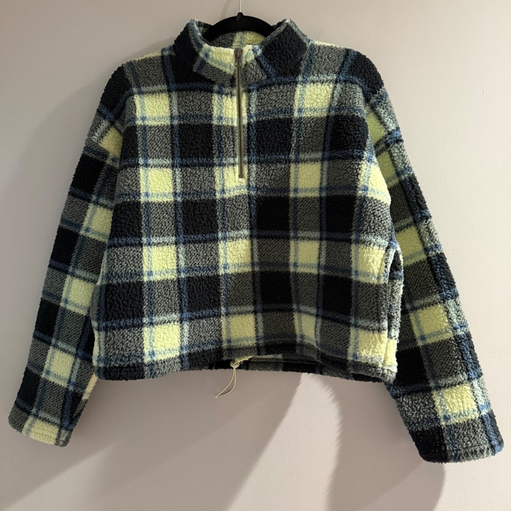 American Eagle Pullover Women M Blue Yellow Good Plaid Sherpa Quarter Zip Crop